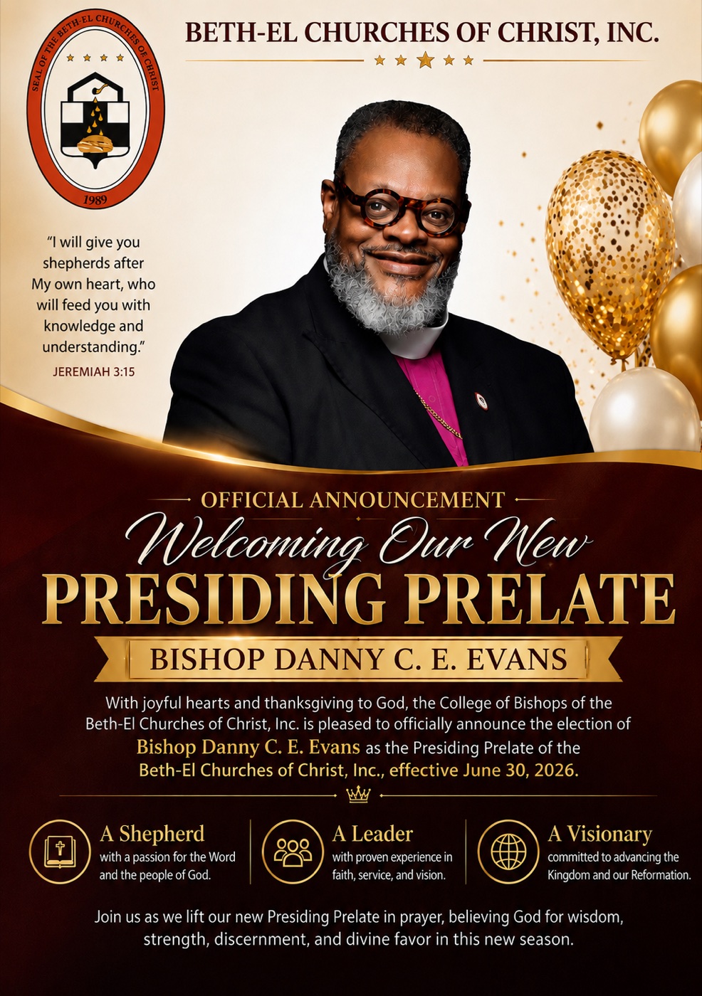 Official Presiding Prelate announcement